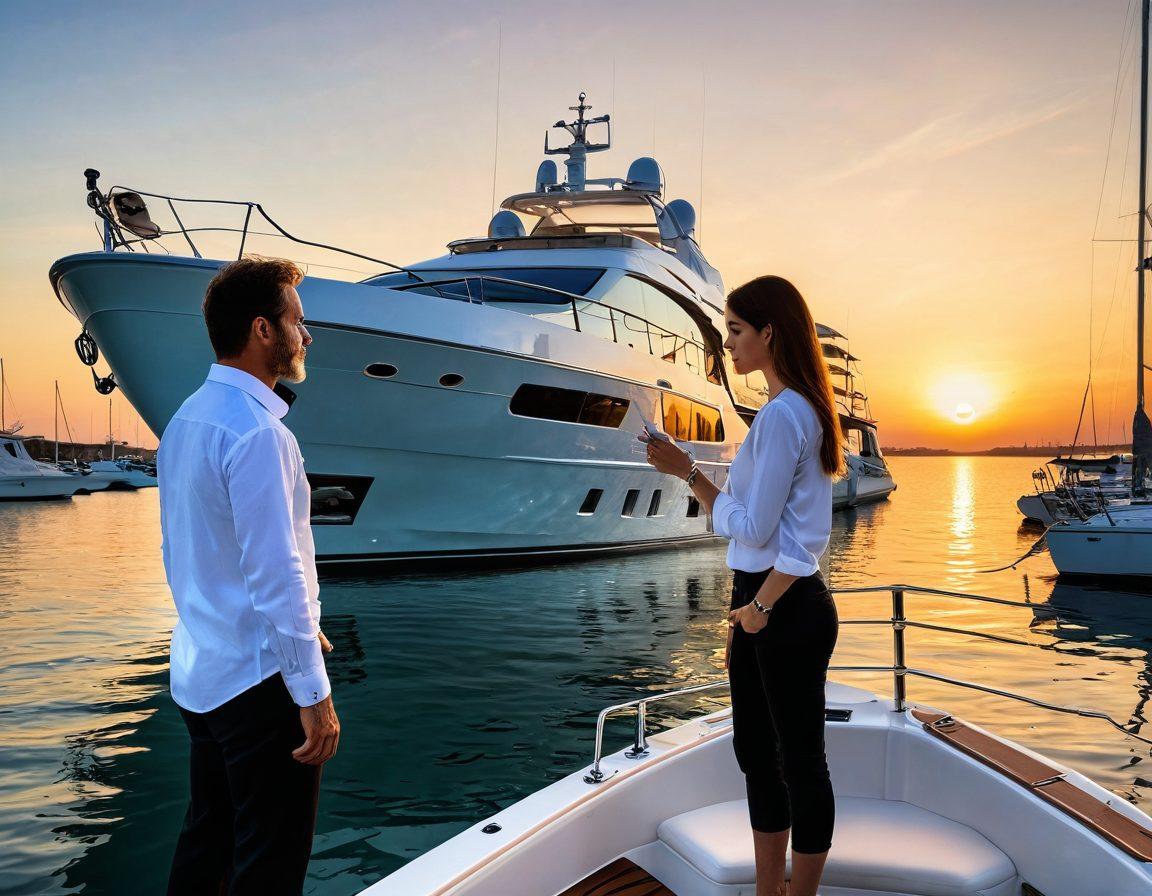 A luxurious yacht anchored in a serene harbor with a beautiful sunset in the background. A knowledgeable insurance agent is explaining coverage options to a concerned boat owner, surrounded by nautical charts and safety gear. Include symbols of security, like a shield and padlock, subtly integrated in the scene. The atmosphere is calm and professional, emphasizing the importance of safeguarding a vessel. super-realistic. vibrant colors. peaceful ambiance.