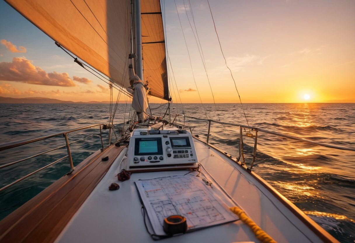 A serene scene of a yacht gliding over gentle waves, with a sailor examining navigation charts on the deck, and a sunset casting warm colors across the sky. Include elements of safety gear like life vests and a radio fin prominently visible. In the background, other yachts are sailing, showcasing community and adventure. super-realistic. vibrant colors. ocean setting.