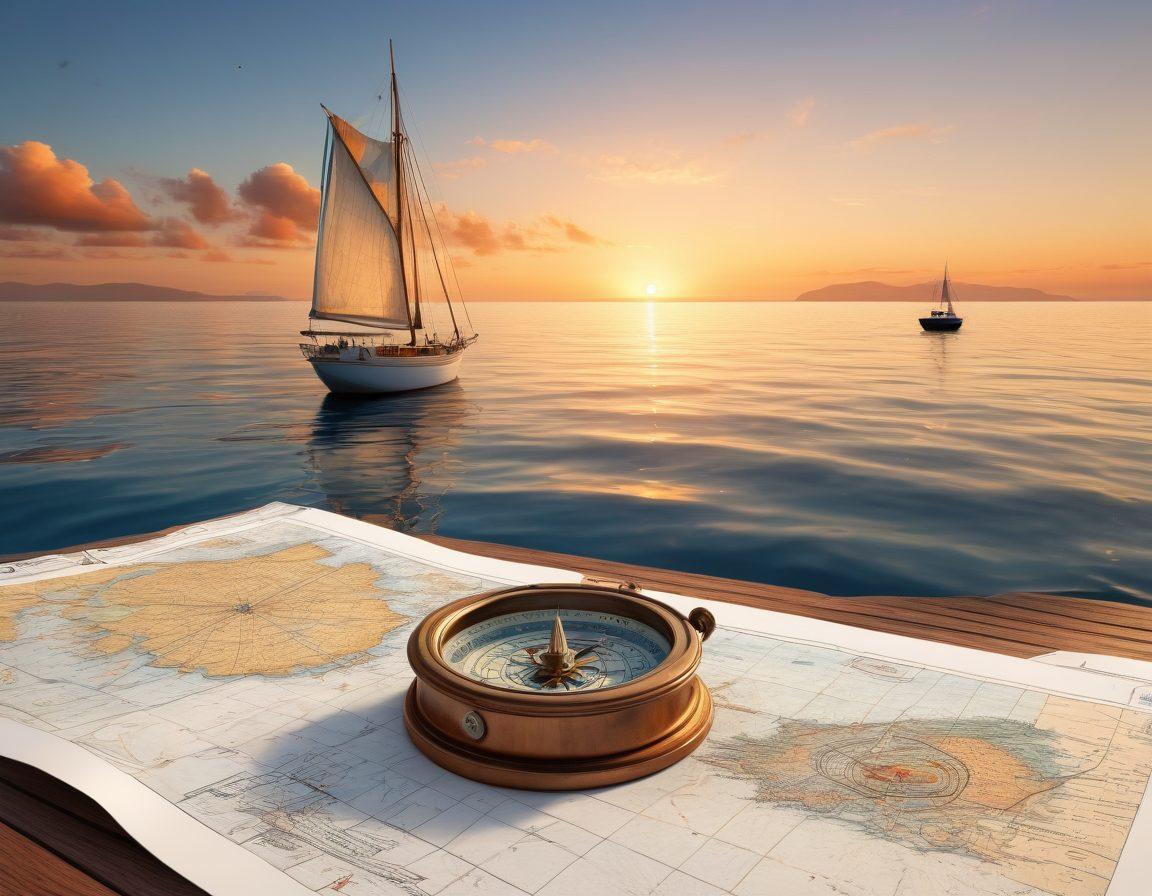 A tranquil sea scene with a sturdy sailboat bobbing gently on blue waters, accompanied by nautical charts and a vintage compass scattered on the deck. In the background, distant islands and a vibrant sunset sky evoke a sense of adventure and exploration. The image should convey a sense of security and preparedness for high seas journeys. super-realistic. vibrant colors. white background.